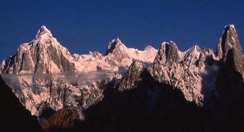 1995 Paiju Peak (6610 metres) and Uli Biaho (6417 metres) from Baltoro Glacier, Baltistan, Northern Pakistan